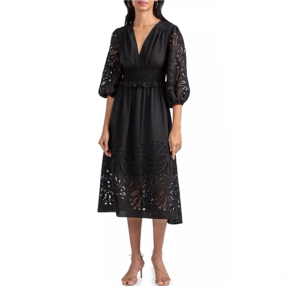 Shoshanna Dresses & Skirts - NWT Shoshanna Ari Laser Cut Midi Eyelet Dress Black Size 2